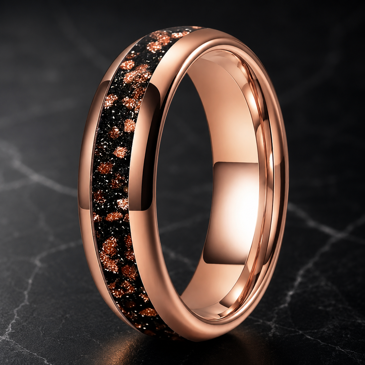 Tungsten Ring with Red Goldstone Nebula Inlay