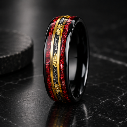 Tungsten Ring with Red Garnet & Meteorite Inlay