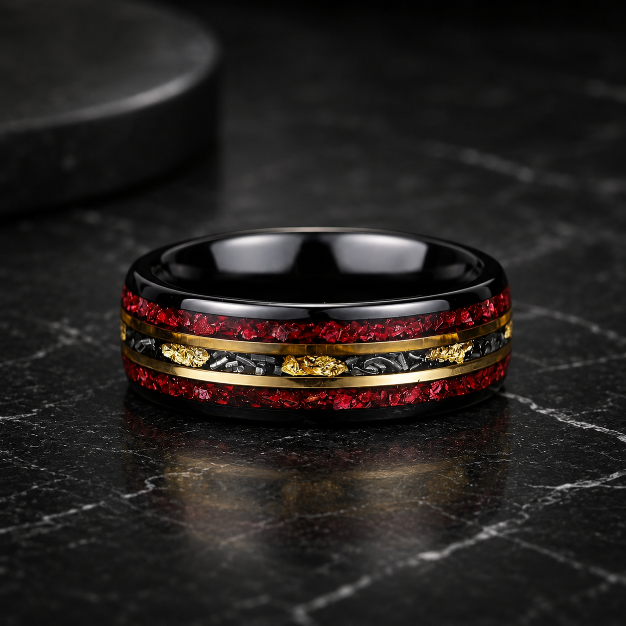 Tungsten Ring with Red Garnet & Meteorite Inlay