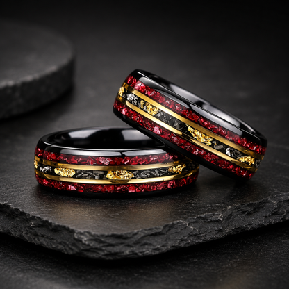Tungsten Ring with Red Garnet & Meteorite Inlay