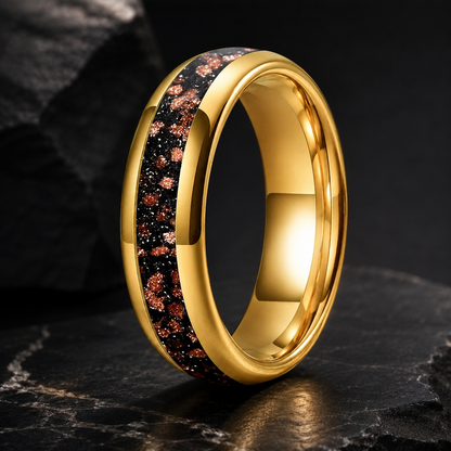 Tungsten Ring with Red Goldstone Nebula Inlay