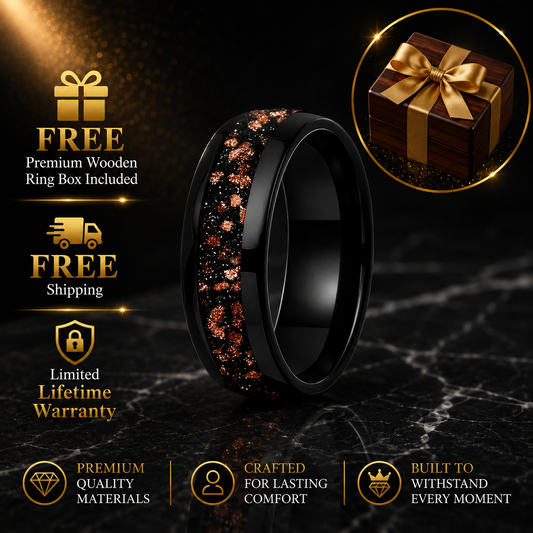 Tungsten Ring with Red Goldstone Nebula Inlay