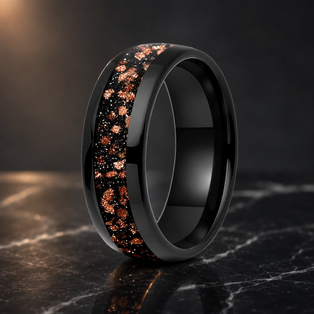 Tungsten Ring with Red Goldstone Nebula Inlay