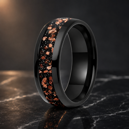 Tungsten Ring with Red Goldstone Nebula Inlay