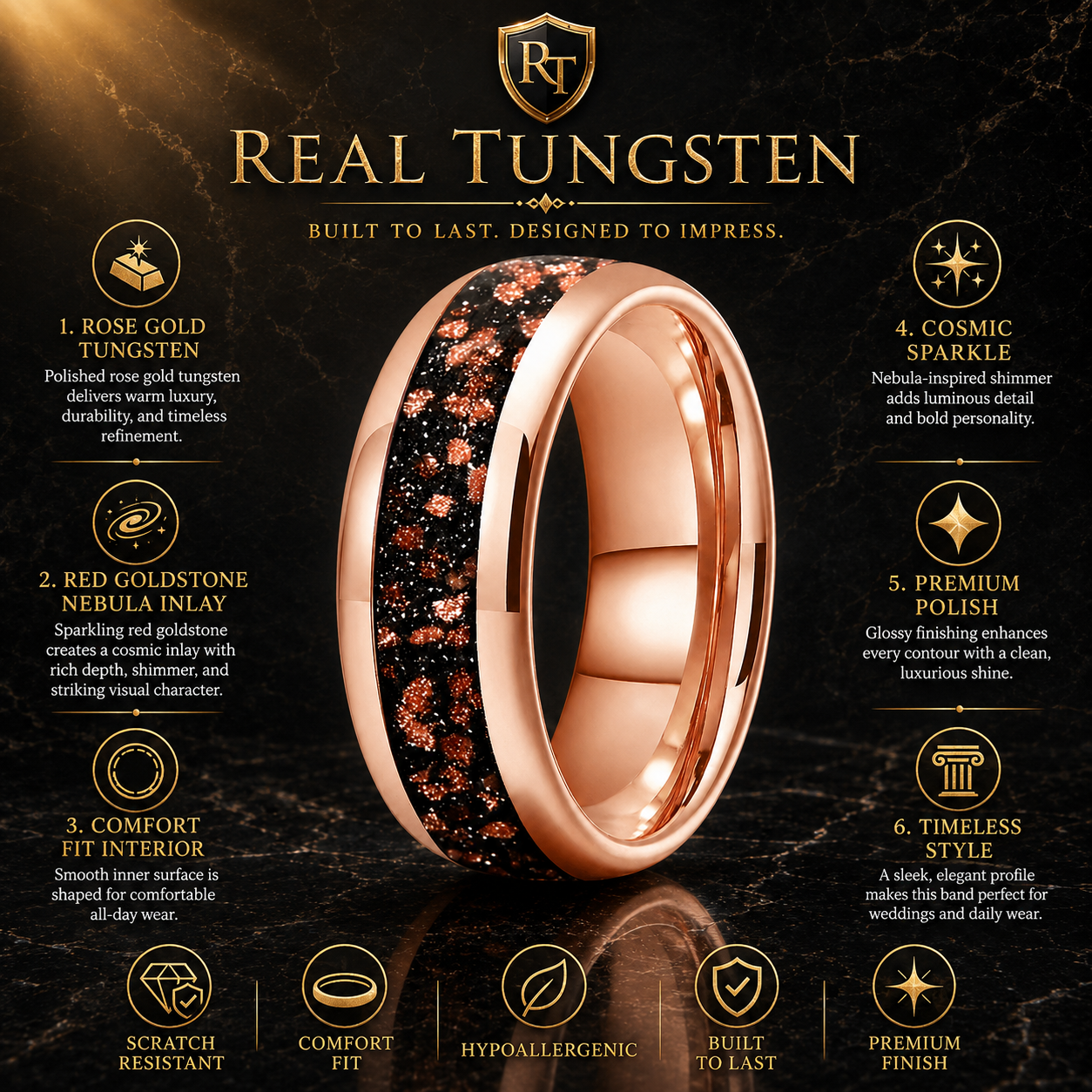 Tungsten Ring with Red Goldstone Nebula Inlay