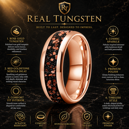 Tungsten Ring with Red Goldstone Nebula Inlay