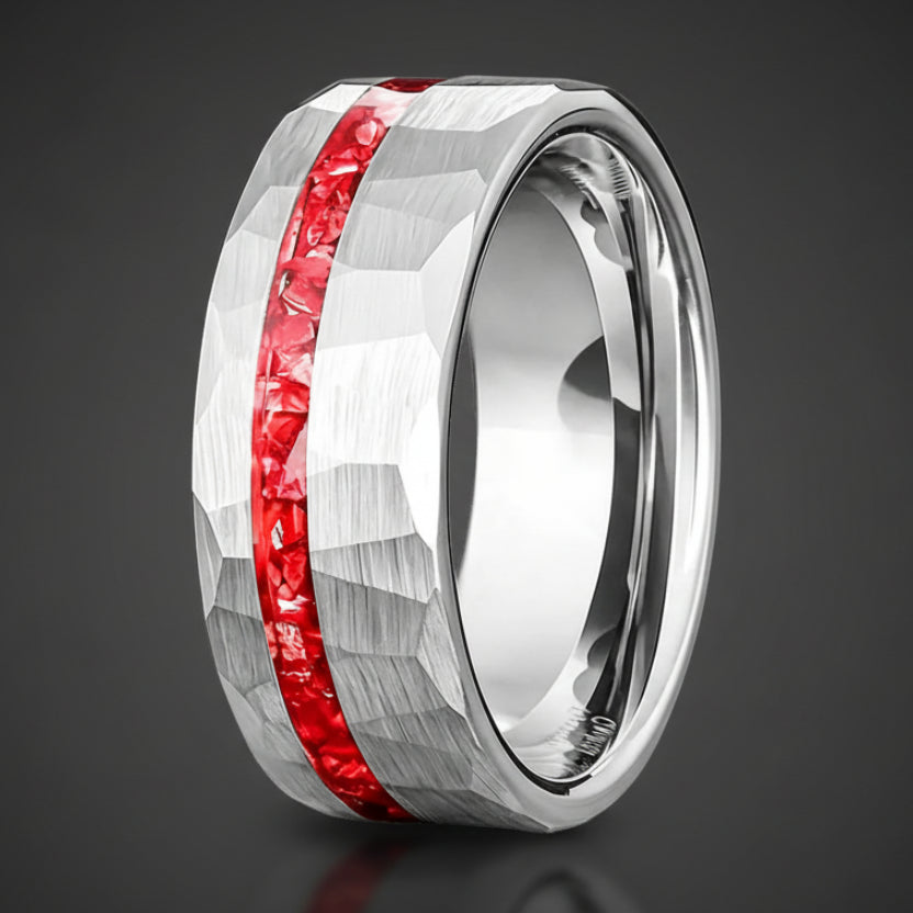 Tungsten Ring with Red Stone Inlay