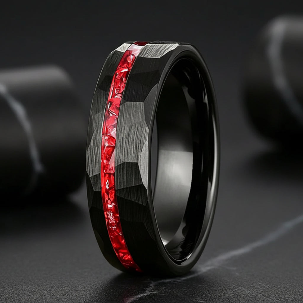 Tungsten Ring with Red Stone Inlay