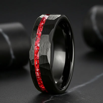 Tungsten Ring with Red Stone Inlay