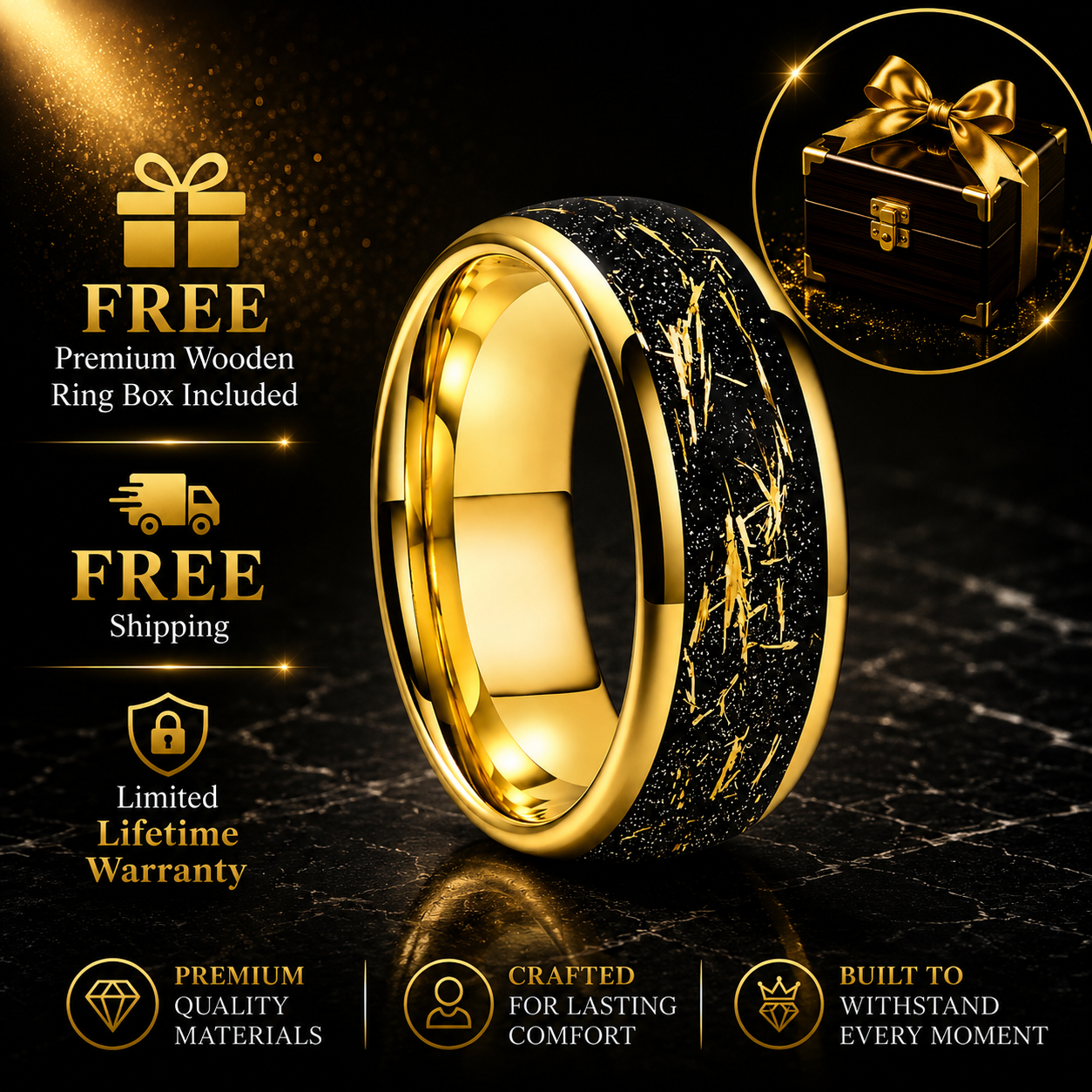 Tungsten Ring with Sandblasted Stone & Gold Foil Inlay