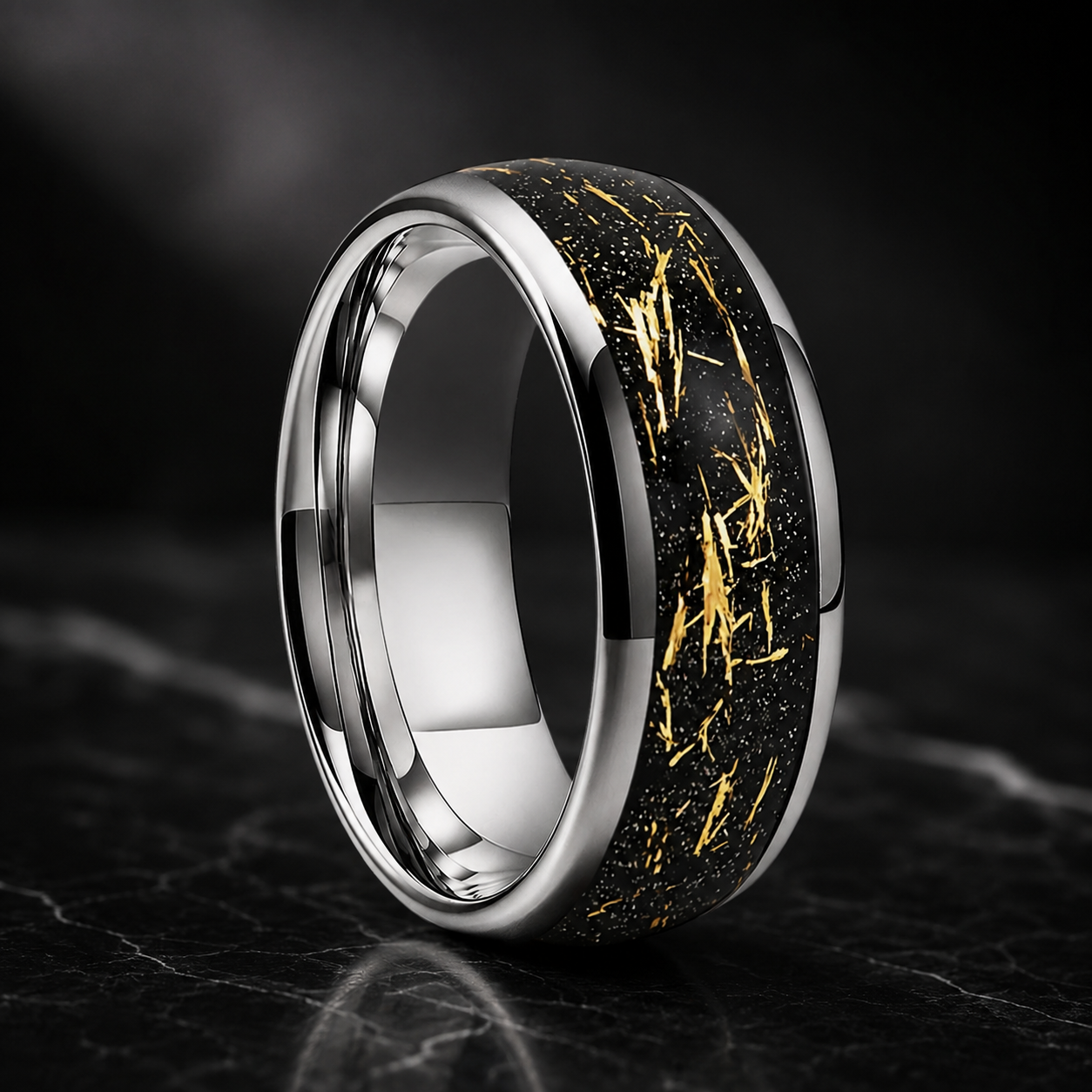 Tungsten Ring with Sandblasted Stone and Gold Foil Inlay
