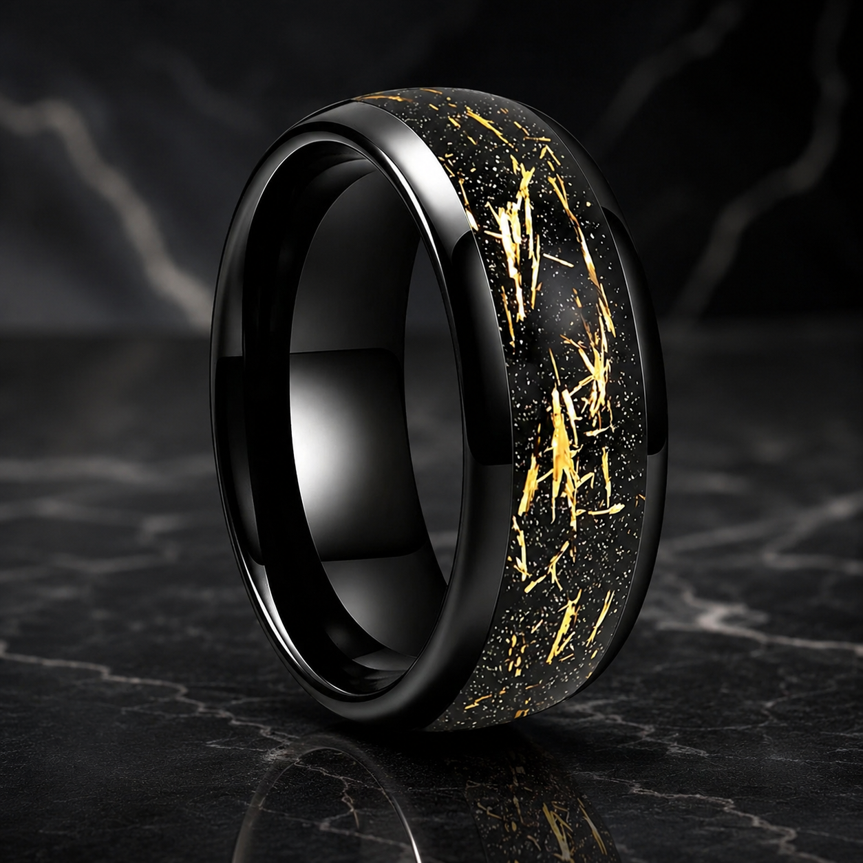 Tungsten Ring with Sandblasted Stone and Gold Foil Inlay