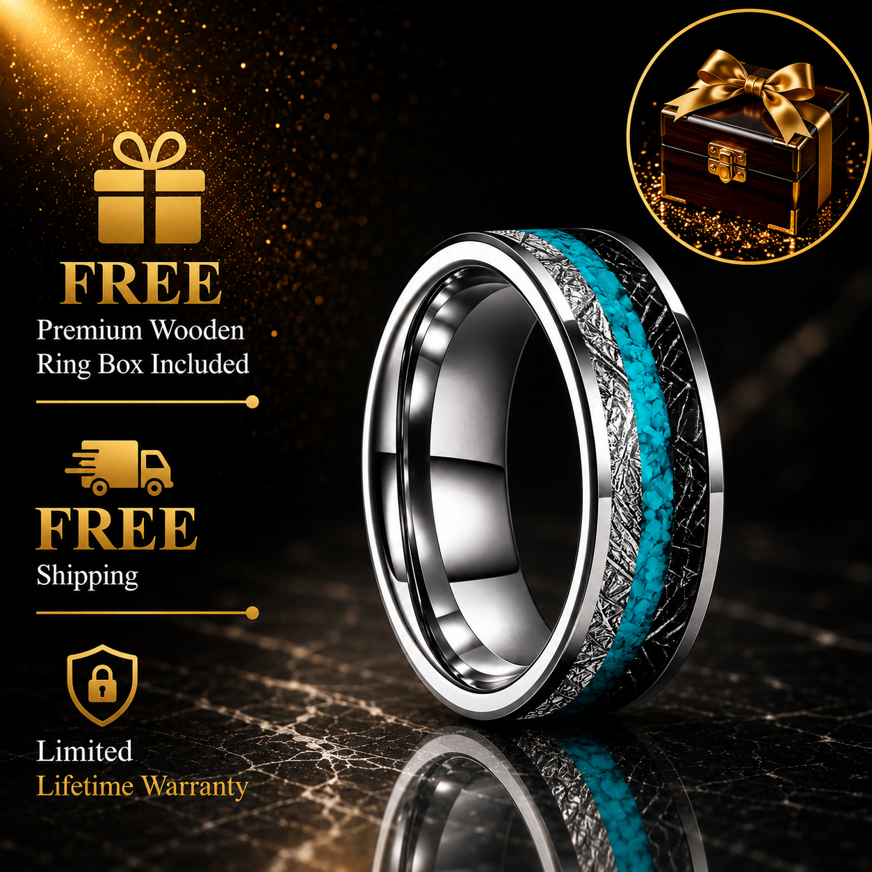 Tungsten Ring with Turquoise & Black White Meteorite Inlay