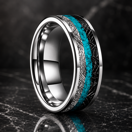 Tungsten Ring with Turquoise & Black White Meteorite Inlay