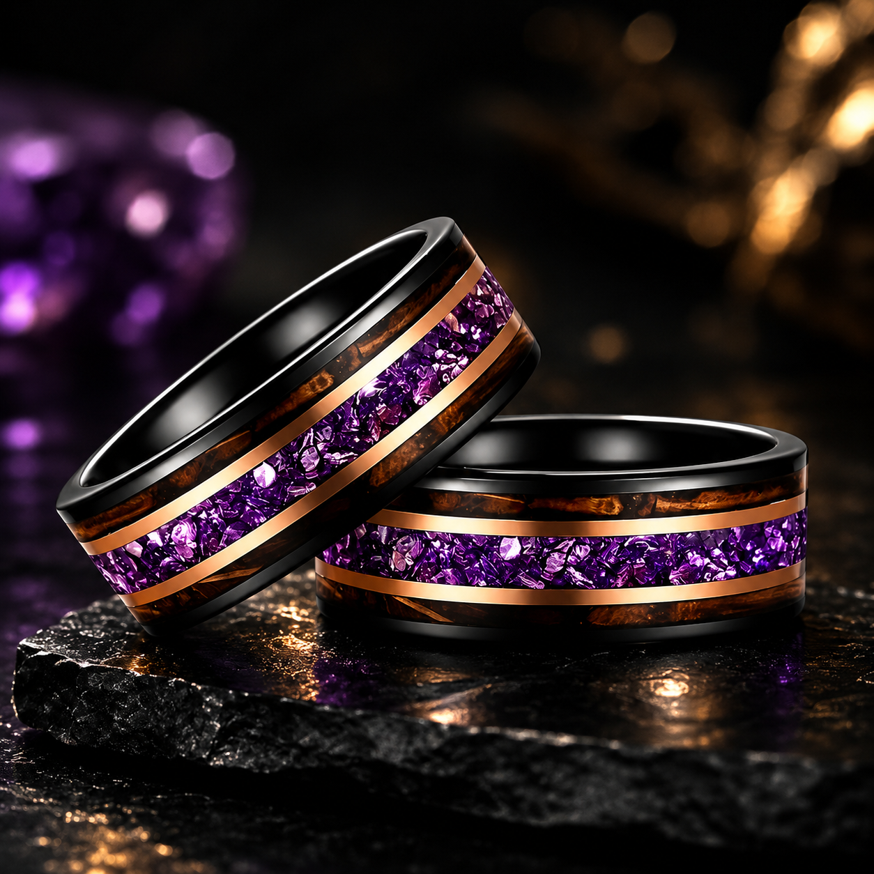 Tungsten Ring with Whiskey Barrel Wood & Rose Gold Stripes