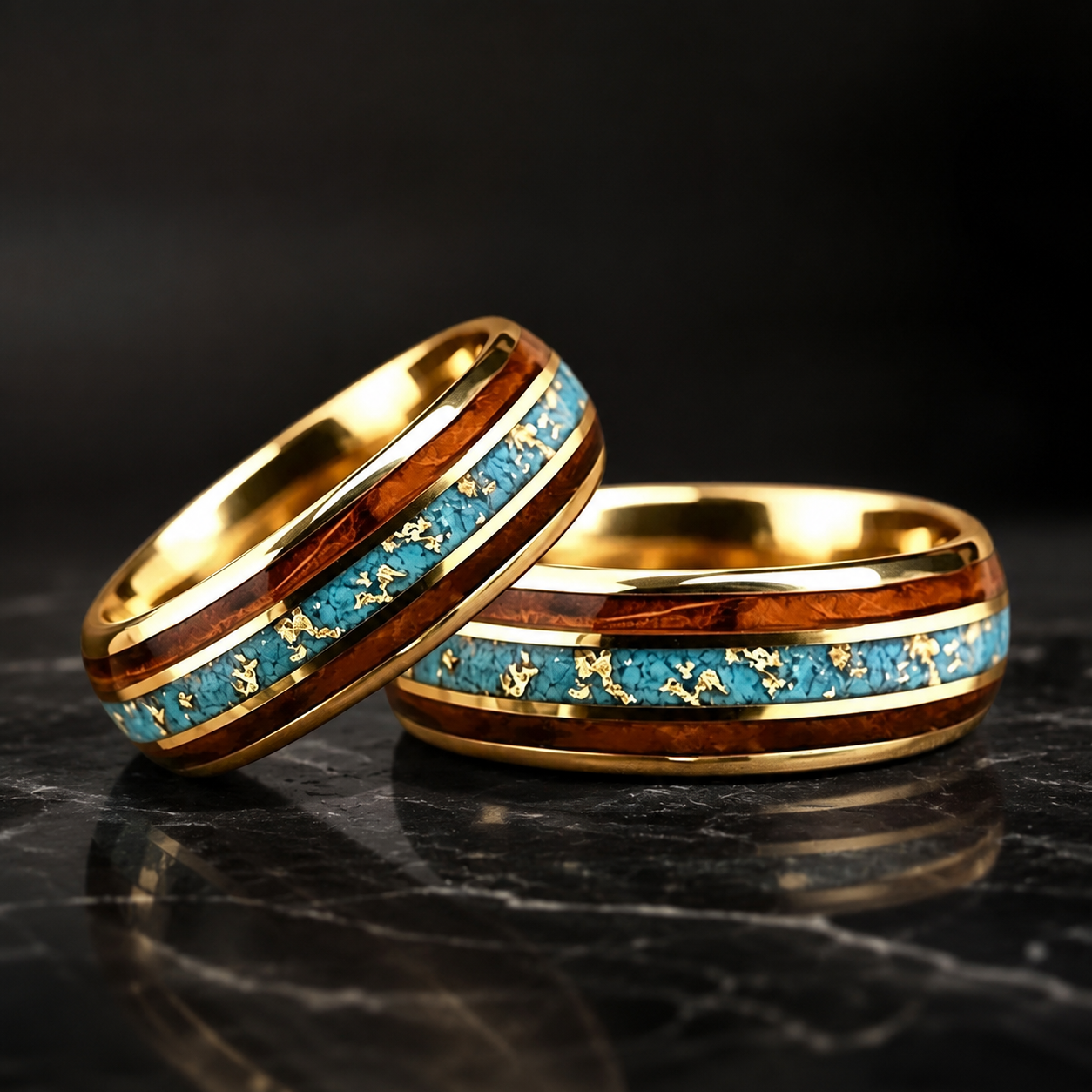 Tungsten Ring with Whiskey Barrel Wood & Turquoise Inlay