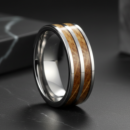 8mm Tungsten Ring with Whiskey Wood Inlay