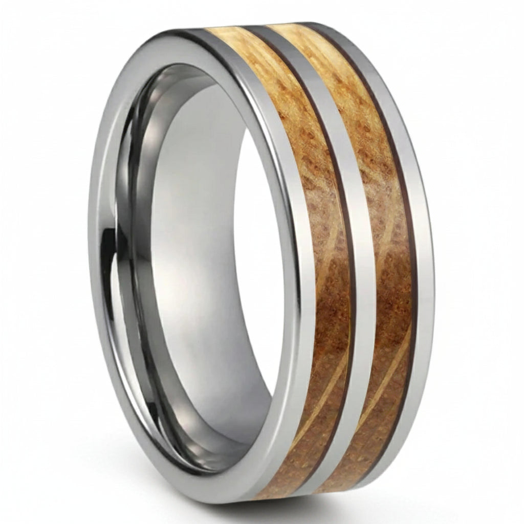 8mm Tungsten Ring with Whiskey Wood Inlay