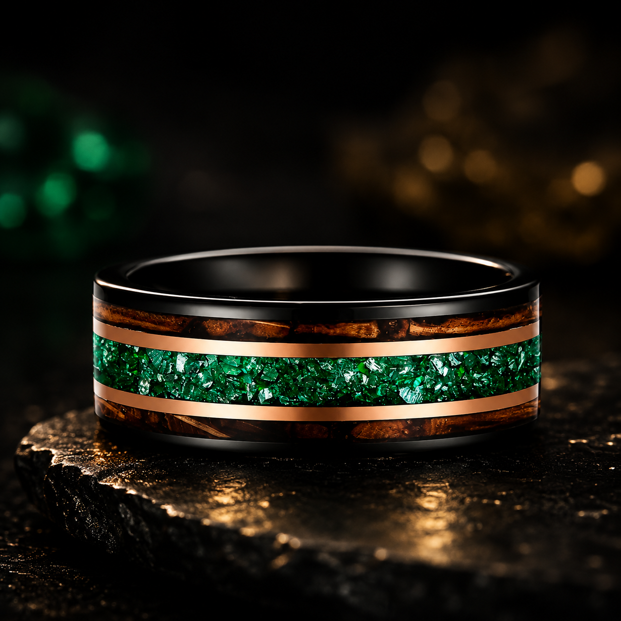 Tungsten Ring with Whiskey Barrel Wood & Rose Gold Stripes