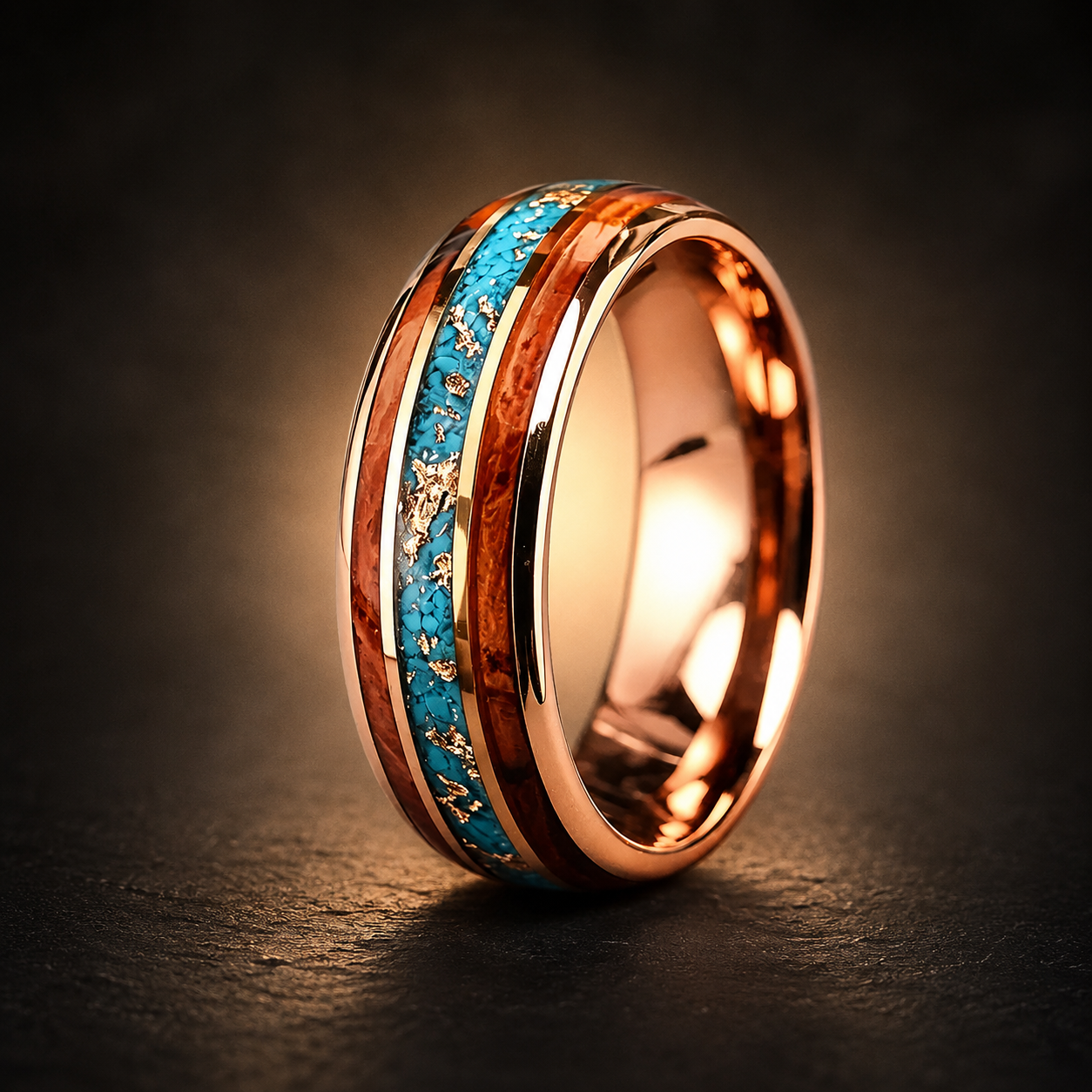 Tungsten Ring with Whiskey Barrel Wood & Turquoise Inlay