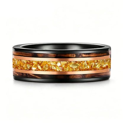 Tungsten Ring with Whiskey Barrel Wood & Rose Gold Stripes