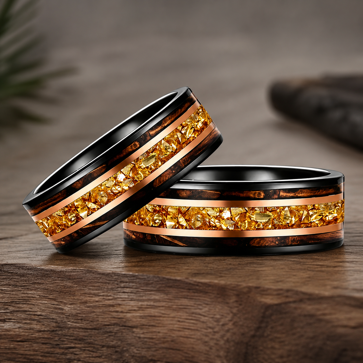Tungsten Ring with Whiskey Barrel Wood & Rose Gold Stripes