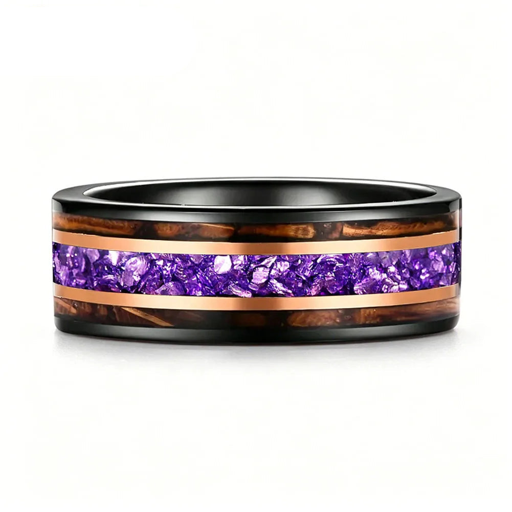 Tungsten Ring with Whiskey Barrel Wood & Rose Gold Stripes