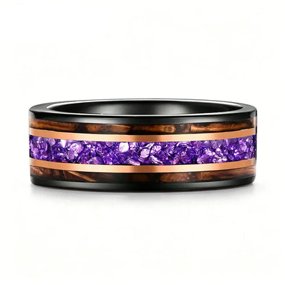 Tungsten Ring with Whiskey Barrel Wood & Rose Gold Stripes