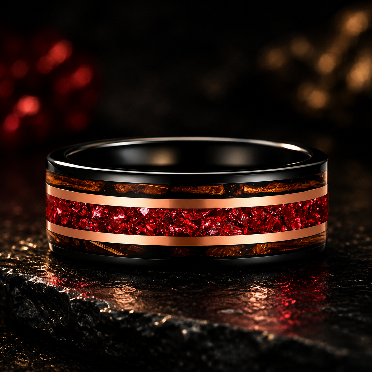 Tungsten Ring with Whiskey Barrel Wood & Rose Gold Stripes