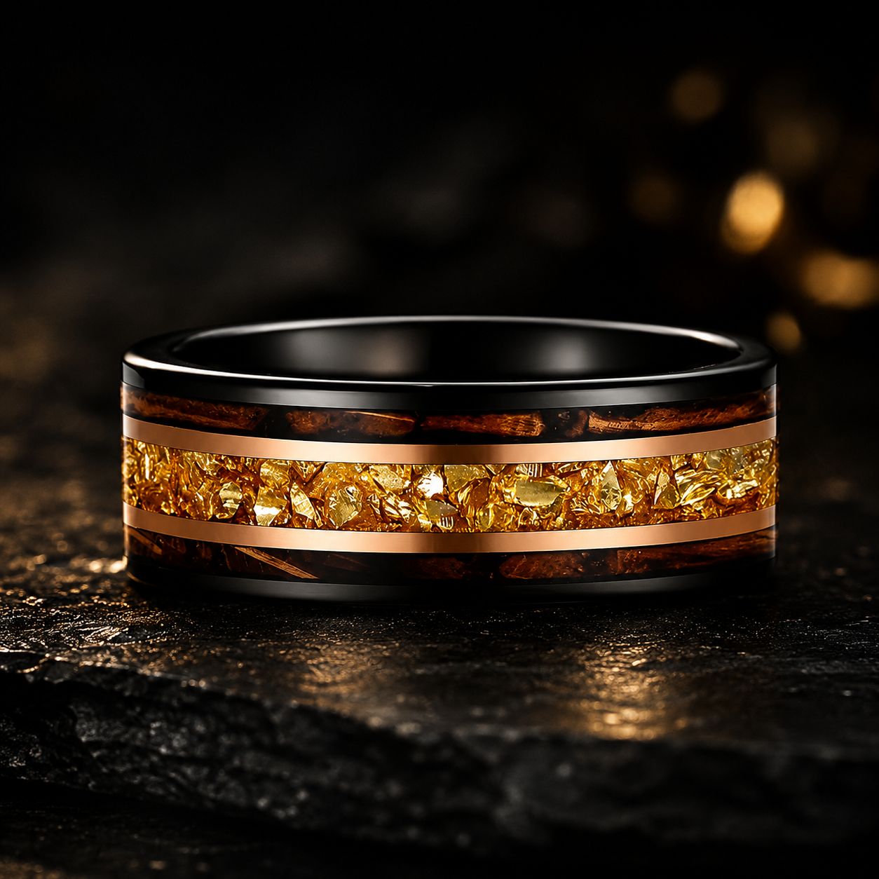 Tungsten Ring with Whiskey Barrel Wood & Rose Gold Stripes