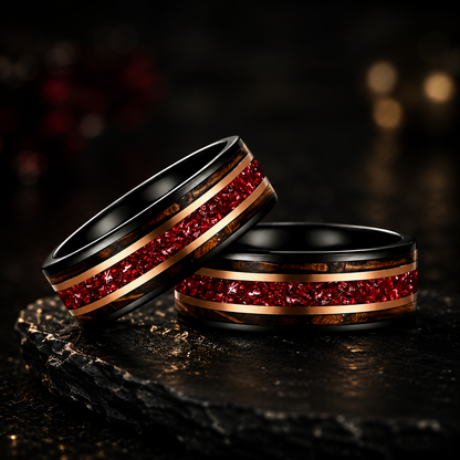 Tungsten Ring with Whiskey Barrel Wood & Rose Gold Stripes
