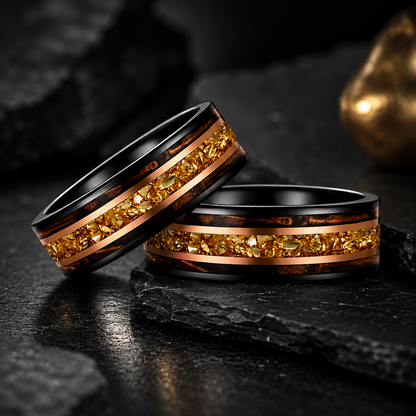Tungsten Ring with Whiskey Barrel Wood & Rose Gold Stripes