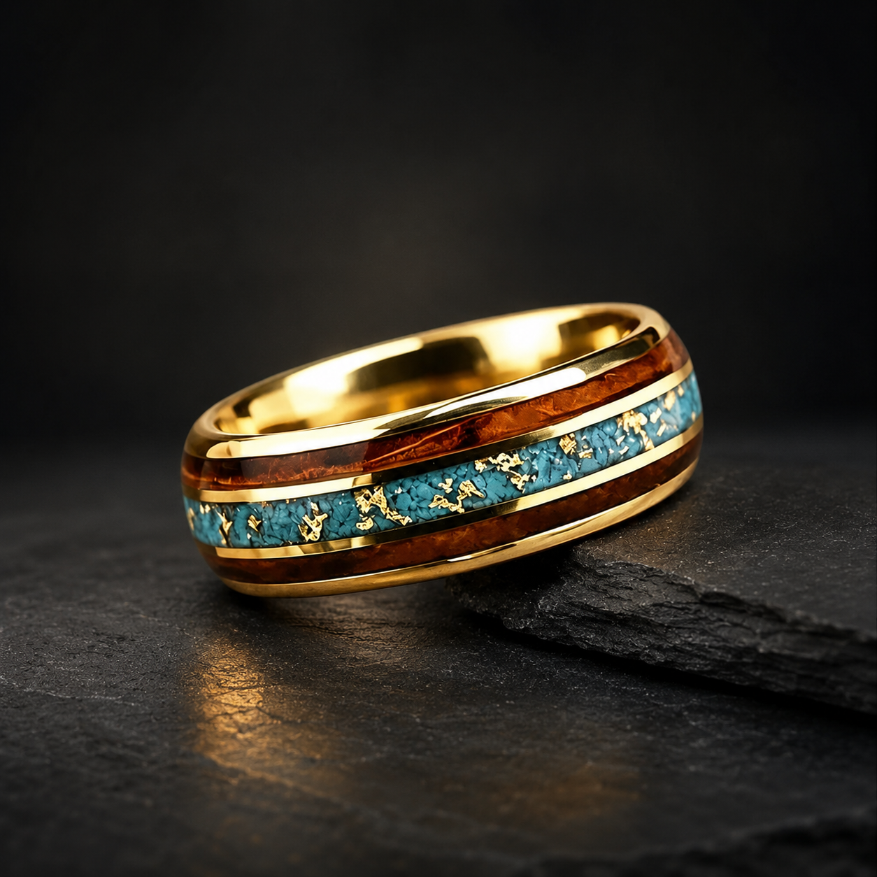 Tungsten Ring with Whiskey Barrel Wood & Turquoise Inlay