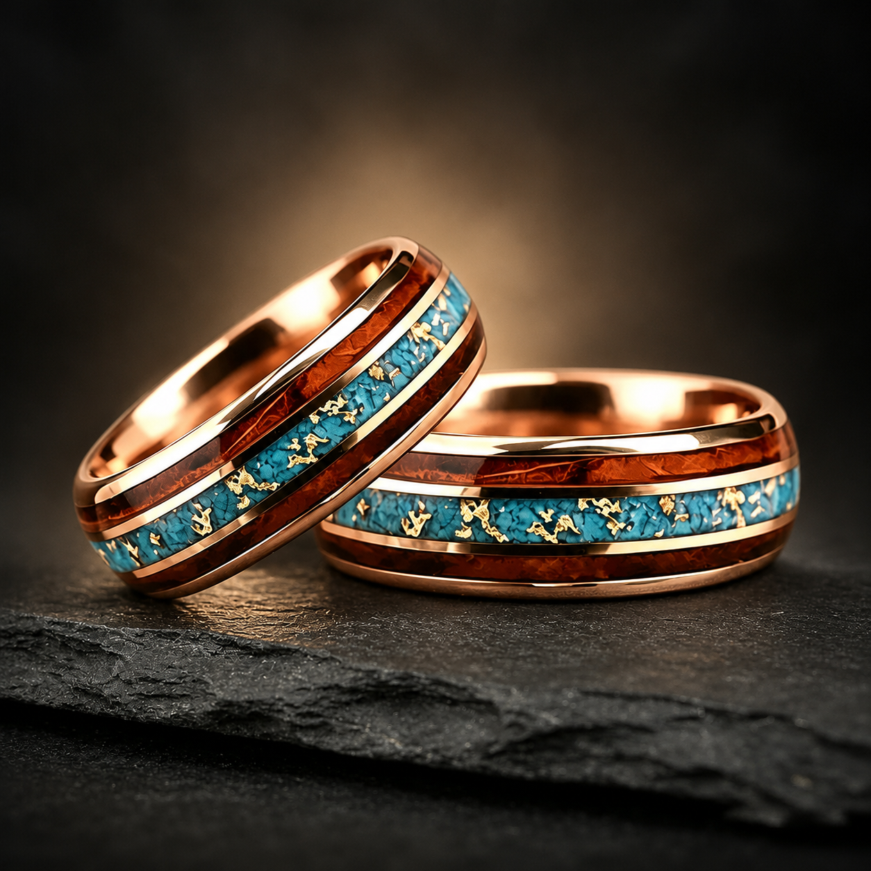 Tungsten Ring with Whiskey Barrel Wood & Turquoise Inlay
