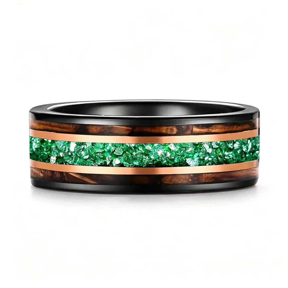 Tungsten Ring with Whiskey Barrel Wood & Rose Gold Stripes