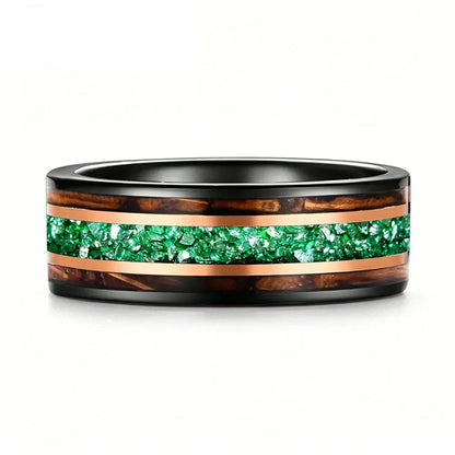 Tungsten Ring with Whiskey Barrel Wood & Rose Gold Stripes