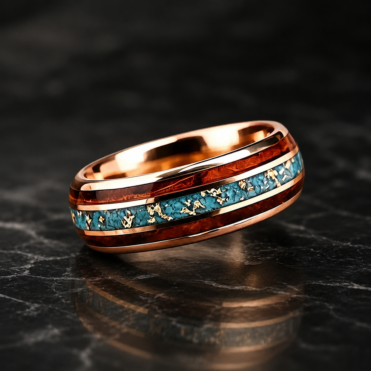 Tungsten Ring with Whiskey Barrel Wood & Turquoise Inlay