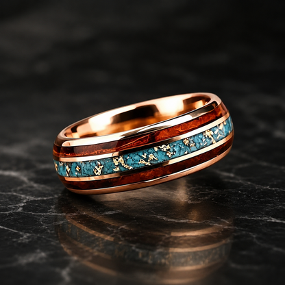 Tungsten Ring with Whiskey Barrel Wood & Turquoise Inlay