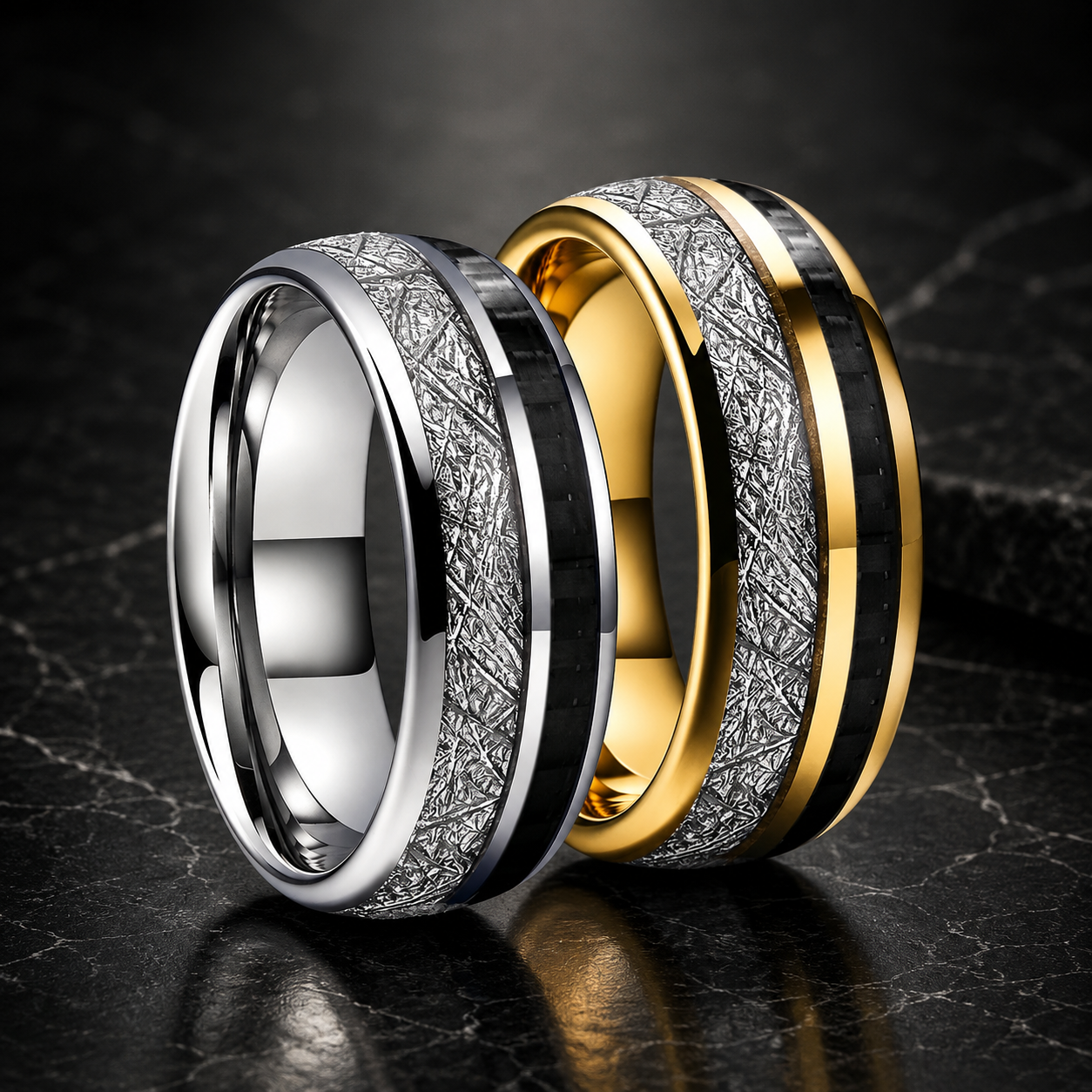 Tungsten Ring with White Meteorite & Black Carbon Fiber Inlay