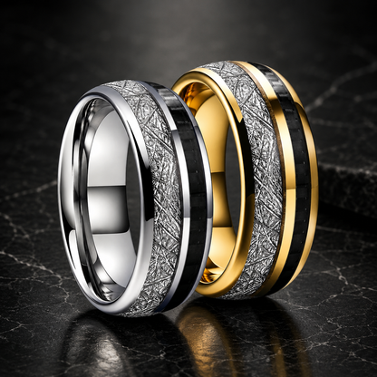Tungsten Ring with White Meteorite & Black Carbon Fiber Inlay