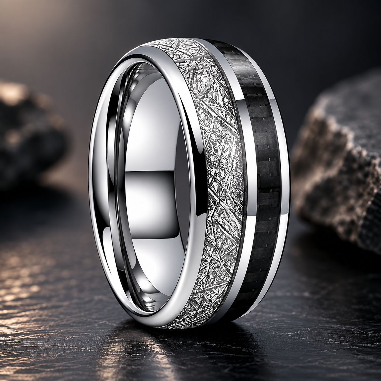 Tungsten Ring with White Meteorite & Black Carbon Fiber Inlay