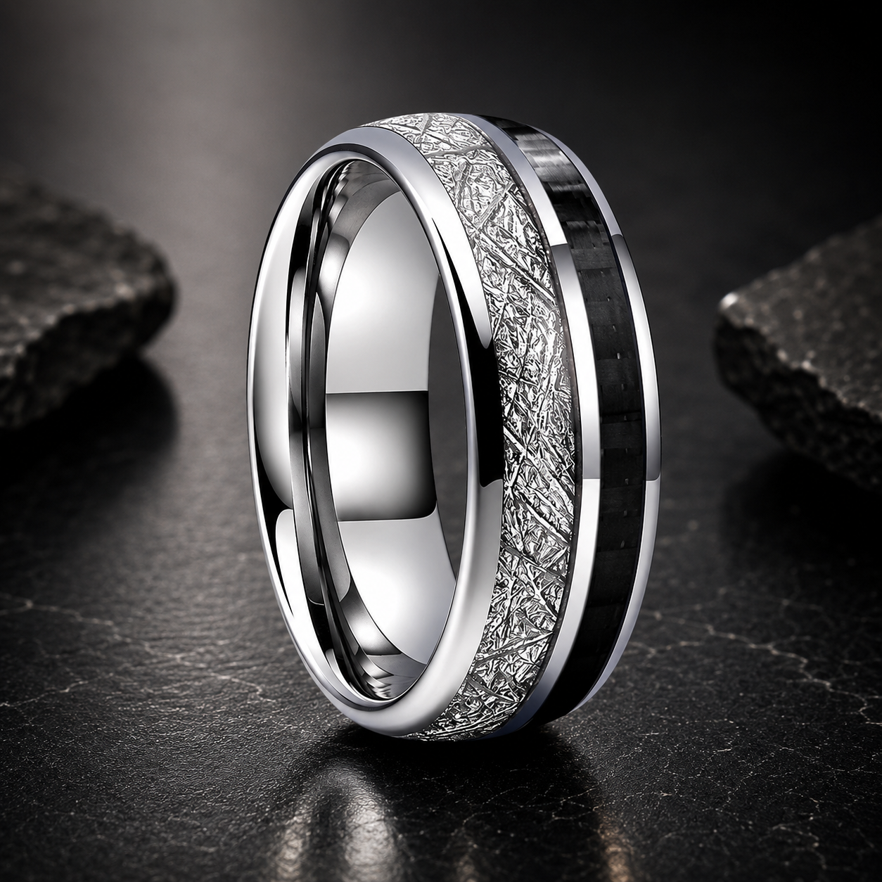 Tungsten Ring with White Meteorite & Black Carbon Fiber Inlay