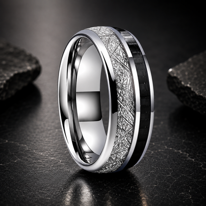 Tungsten Ring with White Meteorite & Black Carbon Fiber Inlay