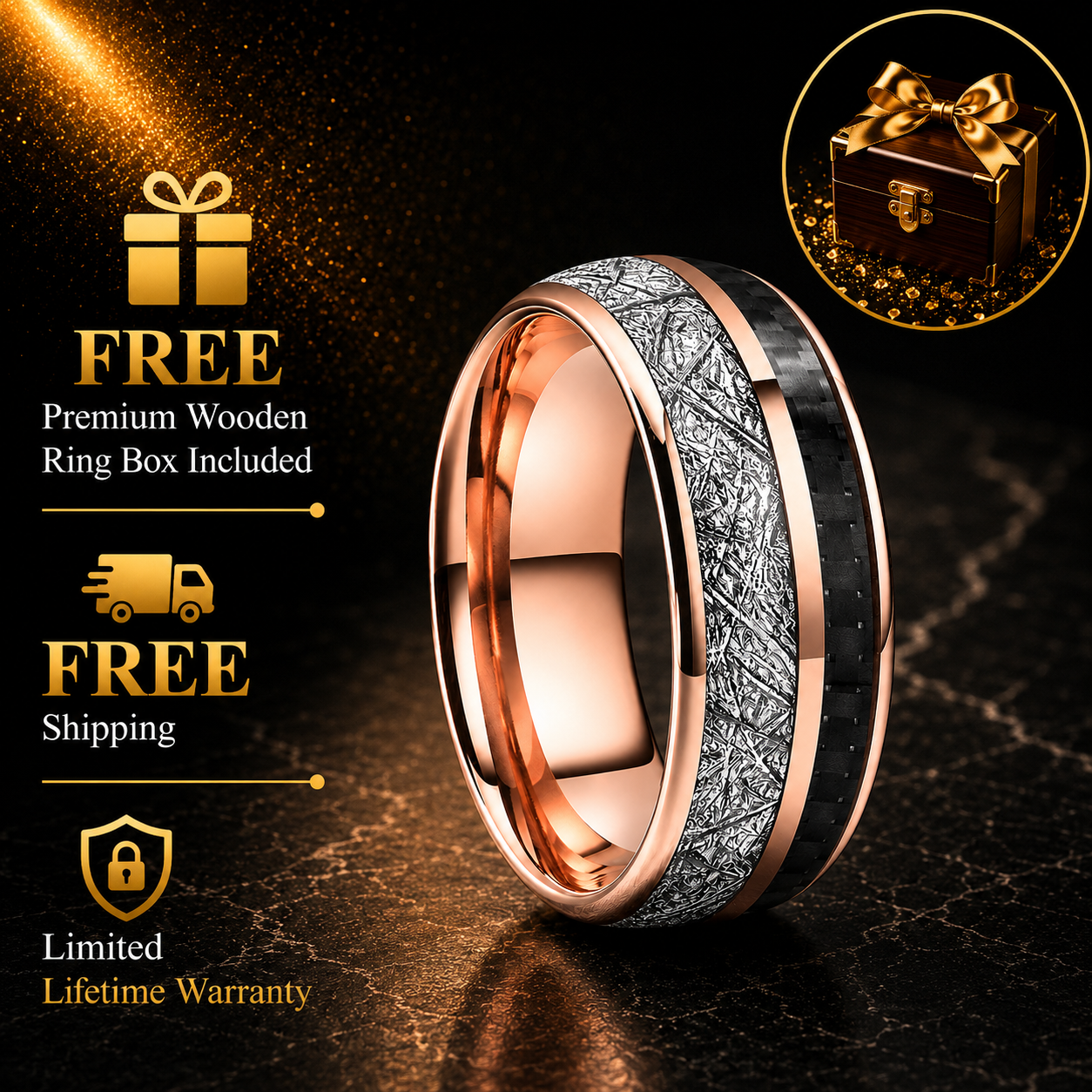 Tungsten Ring with White Meteorite & Black Carbon Fiber Inlay