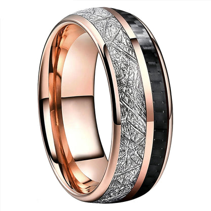 Tungsten Ring with White Meteorite & Black Carbon Fiber Inlay