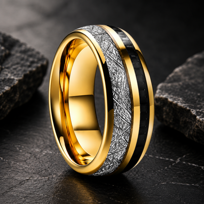 Tungsten Ring with White Meteorite & Black Carbon Fiber Inlay