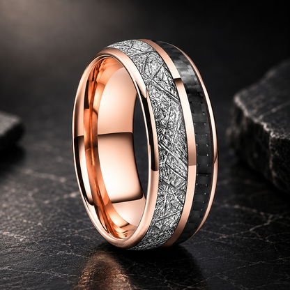 Tungsten Ring with White Meteorite & Black Carbon Fiber Inlay