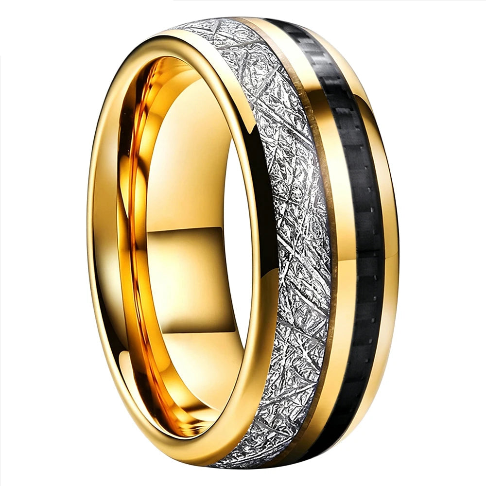 Tungsten Ring with White Meteorite & Black Carbon Fiber Inlay