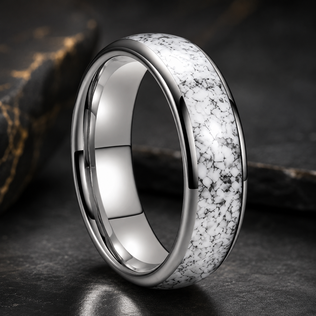 Tungsten Ring with White Turquoise Inlay