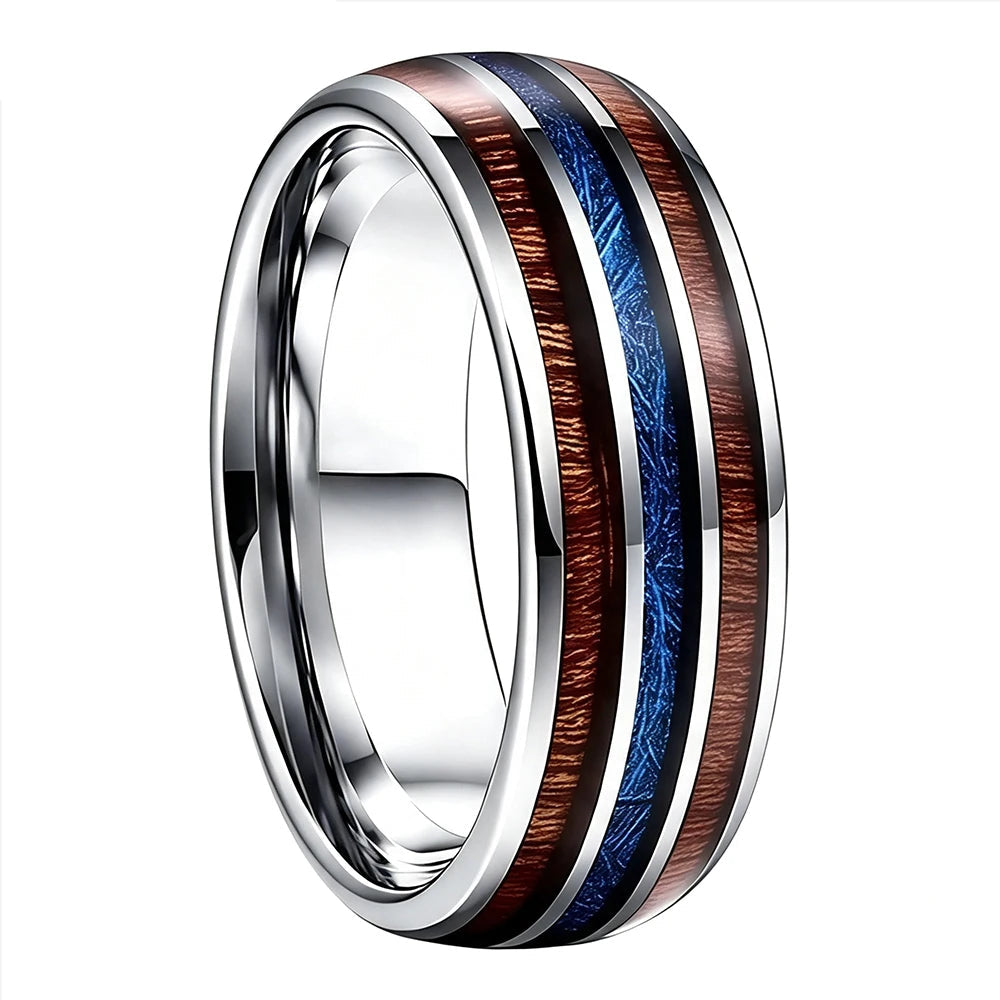 Tungsten Ring with Wood and Blue Meteorite Inlay